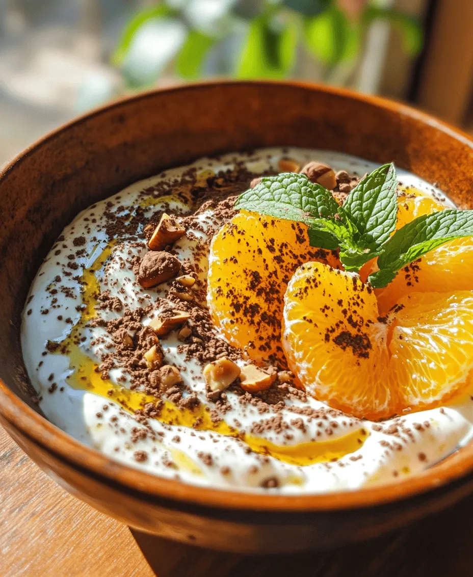 In a world overflowing with dessert options, striking the perfect balance between indulgence and health can often feel daunting. However, the recipe for Greek Yogurt with Sumo Orange, Cacao, and Mint offers a refreshing solution that satisfies your sweet cravings while nourishing your body. This delightful combination brings together the creamy texture of Greek yogurt, the bright and zesty flavors of Sumo oranges, the rich depth of cacao, and the cool, invigorating touch of fresh mint. Together, these ingredients create a harmonious dessert or snack that is as pleasing to the palate as it is to the eyes.