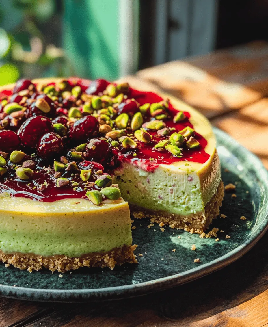 Are you ready to indulge in an extraordinary dessert that tantalizes your taste buds? Introducing the Luscious Lemon-Lime Cherry Pistachio Cheesecake, a delightful fusion of zesty citrus, sweet cherries, and nutty pistachios. This cheesecake is not just a dessert; it's an experience, perfect for special occasions, family gatherings, or whenever you feel like treating yourself. Imagine the bright tang of lemon and lime harmonizing with the sweetness of cherry, all enveloped in a creamy cheesecake filling that melts in your mouth. Topped with a vibrant cherry glaze and nestled on a crunchy pistachio crust, this cheesecake is a stunning centerpiece that promises to impress.