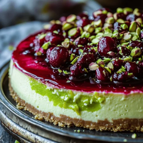 Are you ready to indulge in an extraordinary dessert that tantalizes your taste buds? Introducing the Luscious Lemon-Lime Cherry Pistachio Cheesecake, a delightful fusion of zesty citrus, sweet cherries, and nutty pistachios. This cheesecake is not just a dessert; it's an experience, perfect for special occasions, family gatherings, or whenever you feel like treating yourself. Imagine the bright tang of lemon and lime harmonizing with the sweetness of cherry, all enveloped in a creamy cheesecake filling that melts in your mouth. Topped with a vibrant cherry glaze and nestled on a crunchy pistachio crust, this cheesecake is a stunning centerpiece that promises to impress.