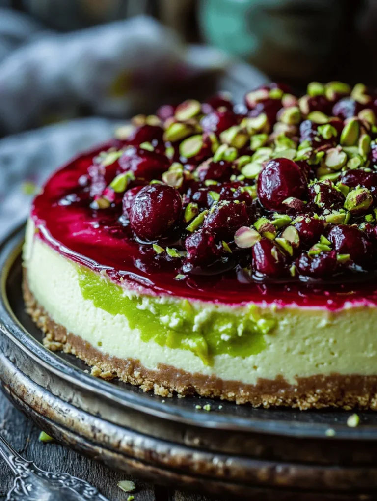 Are you ready to indulge in an extraordinary dessert that tantalizes your taste buds? Introducing the Luscious Lemon-Lime Cherry Pistachio Cheesecake, a delightful fusion of zesty citrus, sweet cherries, and nutty pistachios. This cheesecake is not just a dessert; it's an experience, perfect for special occasions, family gatherings, or whenever you feel like treating yourself. Imagine the bright tang of lemon and lime harmonizing with the sweetness of cherry, all enveloped in a creamy cheesecake filling that melts in your mouth. Topped with a vibrant cherry glaze and nestled on a crunchy pistachio crust, this cheesecake is a stunning centerpiece that promises to impress.