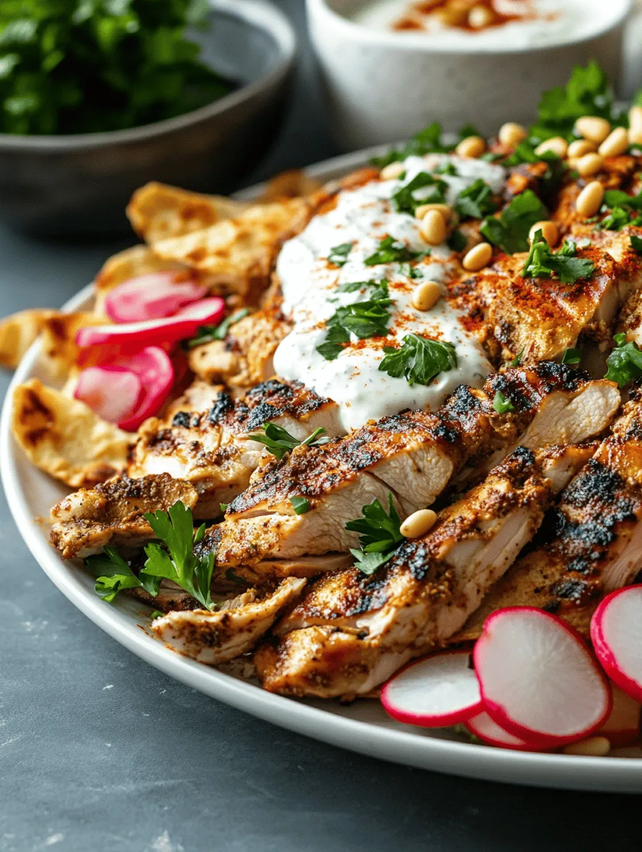 Chicken Shawarma Fatteh is a vibrant and delicious Middle Eastern dish that beautifully marries the essence of traditional shawarma with the comforting layers of a fatteh. This dish is characterized by tender, marinated chicken served over a bed of crispy pita bread, drenched in a rich, creamy yogurt-tahini sauce, and topped with a medley of fresh ingredients. The combination of textures and flavors in Chicken Shawarma Fatteh makes it a favorite among food enthusiasts and is sure to impress at any gathering.