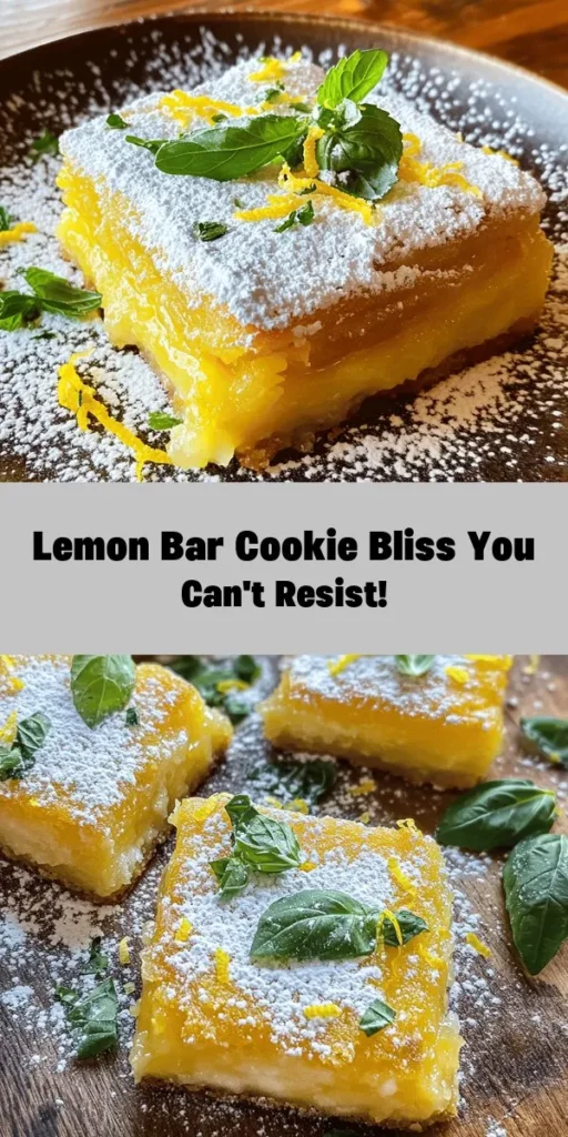 Indulge in this delightful Lemon Bar Cookie recipe that combines a buttery cookie base with a zesty lemon filling for the perfect balance of sweetness and tartness. Easy to make and sure to impress, these treats are packed with fresh flavors from mint and basil, and finished with a sprinkle of powdered sugar and extra lemon zest. Perfect for any occasion, these refreshing squares are bound to be a hit! Enjoy them chilled or at room temperature.