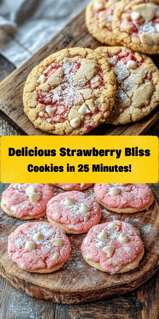 Indulge in the sweetness of Strawberry Bliss Cookies! Made with a box of strawberry cake mix, melted butter, and chocolate chips, these cookies are an easy treat perfect for any occasion. Simply mix the ingredients, bake, and enjoy the delightful combination of strawberries and white chocolate. Ideal for sharing or savoring on your own. With just 15 minutes of prep and a total of 25 minutes, you’ll have about 24 delicious cookies to enjoy!