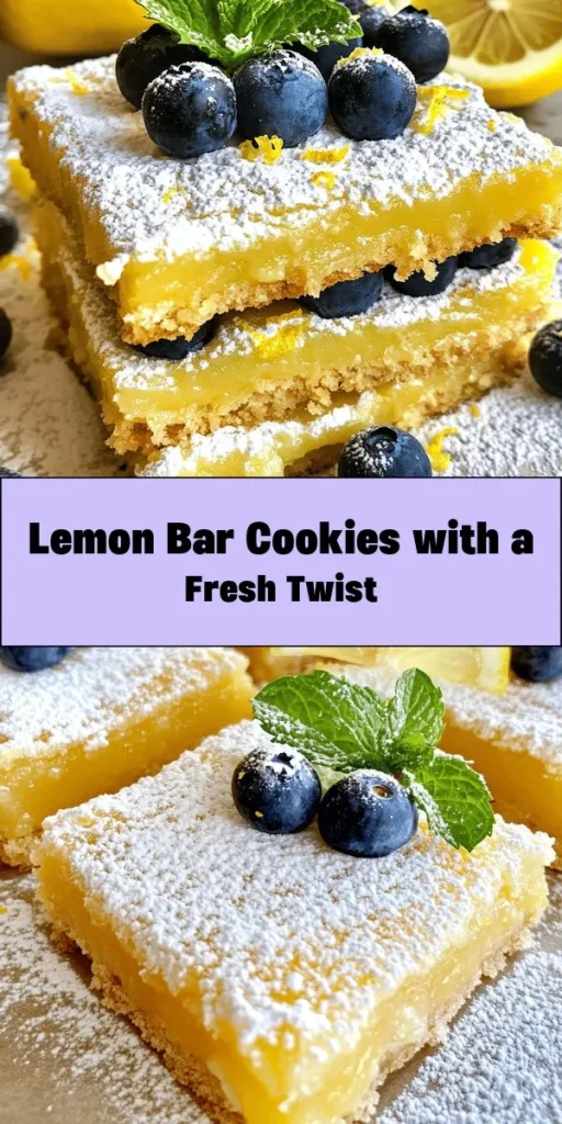 Indulge in these Lemon Bar Cookie Delights, a refreshing twist on a classic treat! With a buttery cookie base topped with a zesty lemon layer bursting with fresh flavor, these bars are both sweet and tangy. Enhanced with blueberries and a hint of mint, they’re perfect for any occasion. Easy to make, this recipe yields 24 delicious bars that are sure to impress. Dust with powdered sugar for that extra touch of sweetness!