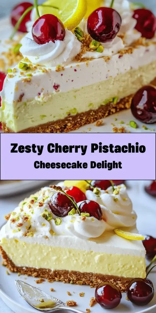 Indulge in the refreshing flavors of this Luscious Lemon-Lime Cherry Pistachio Cheesecake! With a crunchy pistachio graham cracker crust and a creamy filling bursting with lemon and lime zest, this dessert is a delightful treat. Topped with fluffy whipped cream and garnished with fresh cherries and crushed pistachios, it’s perfect for any occasion. Impress your friends and family with a slice of this vibrant, delicious cheesecake!