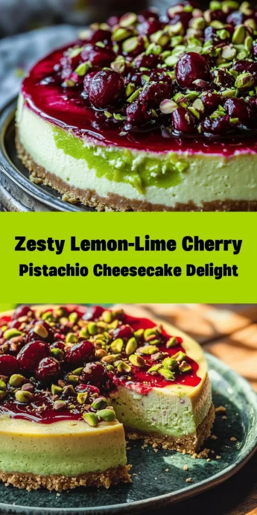 Indulge in this luscious Lemon-Lime Cherry Pistachio Cheesecake that's bursting with flavor! With a delightful pistachio crust, creamy lemon-lime filling, and a sweet cherry topping, this dessert is perfect for any occasion. Follow our simple steps to create a stunning cheesecake that will wow your family and friends. Perfectly chilled and topped off with fresh cherries, it’s a refreshing treat you won't want to miss! Get ready to impress!