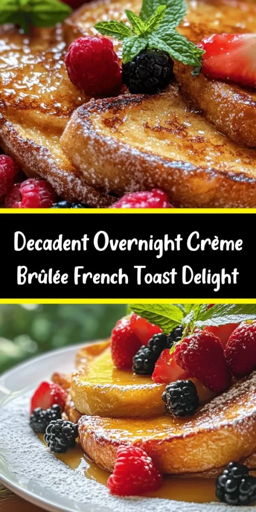 Indulge in the ultimate breakfast treat with this Overnight Crème Brûlée French Toast! Made with rich brioche or challah, buttery custard, and a perfectly caramelized sugar topping, this dish is a showstopper for any brunch. Simply prepare it the night before, bake it in the morning, and enjoy a warm, decadent treat that will impress your guests. Garnish with fresh berries and mint for an added touch. Perfect for gatherings or a cozy family breakfast!
