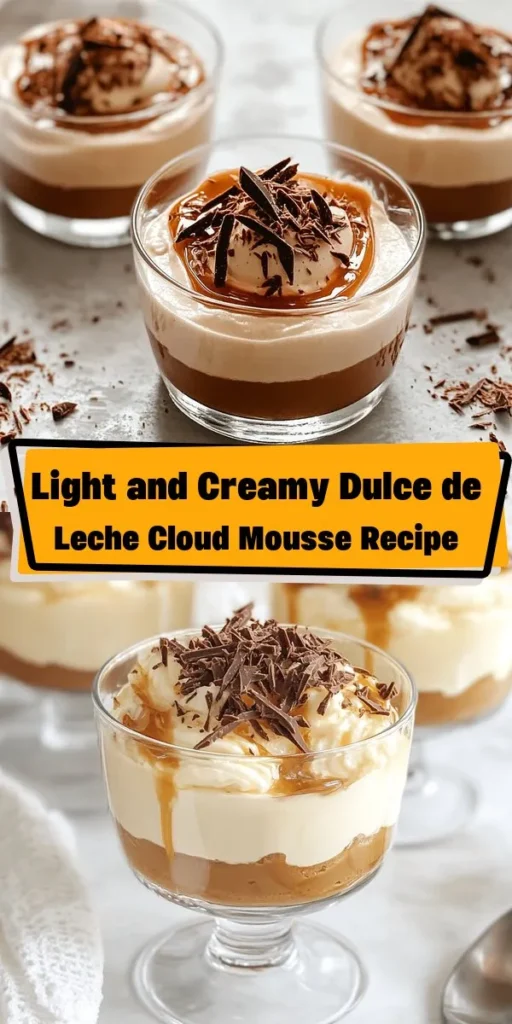 Indulge in a heavenly treat with this Dulce de Leche Cloud Mousse! Light, airy, and rich in flavor, this dessert combines whipped cream, creamy dulce de leche, and a hint of vanilla for a dreamy finish. Perfect for any occasion, this easy recipe takes only 20 minutes to prep and is sure to impress your guests. Chill it for a couple of hours, then garnish with chocolate or caramel for an extra touch. Your sweet tooth will thank you!