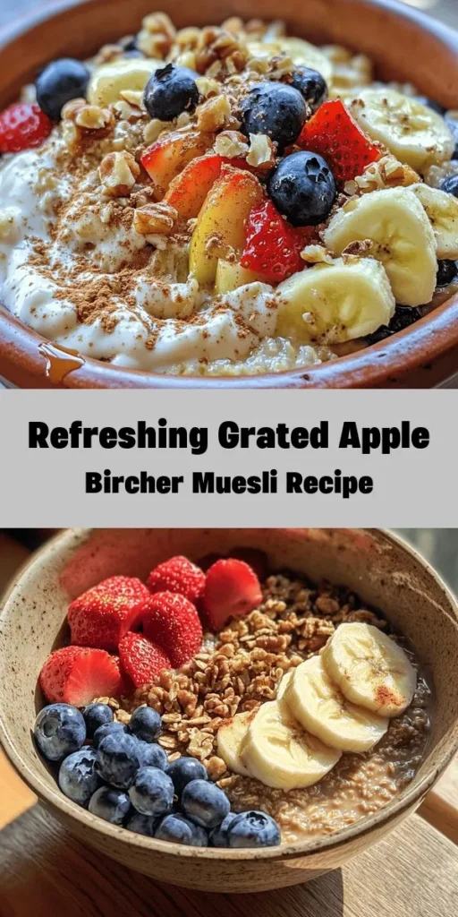 Start your day with a delicious bowl of Easy Grated Apple Bircher Muesli! This wholesome recipe combines rolled oats, grated tart apples, and your choice of plant-based milk for a creamy texture. Sweetened with maple syrup and spiced with cinnamon, it’s packed with flavor and nutrients. Add grated carrots, dried fruit, and nuts for extra goodness. Perfect for meal prep, simply refrigerate, and enjoy topped with fresh fruits and dairy-free yogurt. Great for a healthy breakfast or snack!