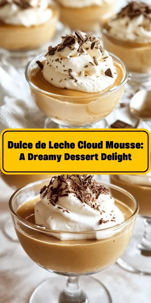 Treat yourself to a delightful dessert with this Dulce de Leche Cloud Mousse! This light and airy mousse is made with creamy dulce de leche, whipped cream, and a touch of cream cheese for an indulgent flavor. Easy to whip up in just 15 minutes, it's perfect for any occasion. Chill for a couple of hours, then top with whipped cream and chocolate shavings for an irresistible finish. Sweeten your day with this heavenly treat!