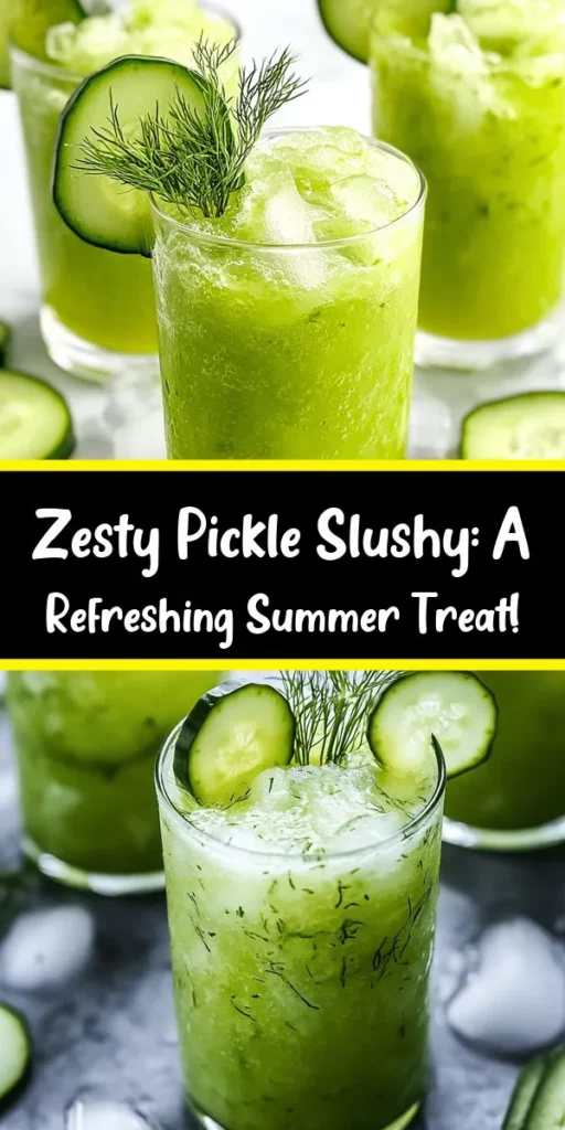 Beat the heat with this refreshing Chilled Zesty Pickle Slushy! Perfect for summer gatherings or a unique snack, this quick and easy recipe takes just 5 minutes. Blend together dill pickle juice, cucumber, fresh dill, and lemon juice with some ice for a cool, tangy treat. Sweeten it up with honey if you like! Garnish with cucumber slices or dill, and enjoy the ultimate chilled beverage that's packed with flavor. Perfect for pickle lovers!