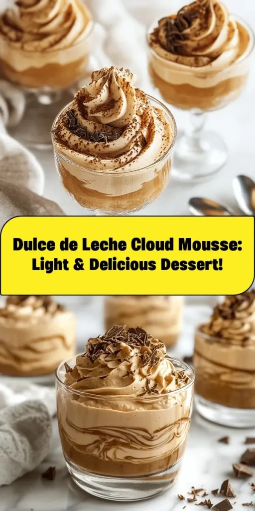 Indulge in the heavenly taste of Dulce de Leche Cloud Mousse! This light and fluffy dessert combines creamy dulce de leche with whipped cream and airy egg whites for a delightful treat. Perfect for any occasion, it only takes 15 minutes of prep and sets in the fridge for a couple of hours. Serve in individual glasses and garnish with chocolate shavings or cocoa powder for an elegant touch. Your sweet tooth will thank you!