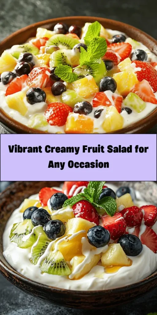 Brighten up your table with this creamy delight fruit salad that’s as cheerful as it is delicious! Featuring a colorful mix of strawberries, blueberries, grapes, pineapple, and kiwi, it’s coated in a luscious blend of whipped cream and Greek yogurt, sweetened with honey or maple syrup and a hint of vanilla. Perfect for parties, picnics, or family gatherings, this refreshing salad is sure to impress. Chill, serve, and savor the vibrant flavors!