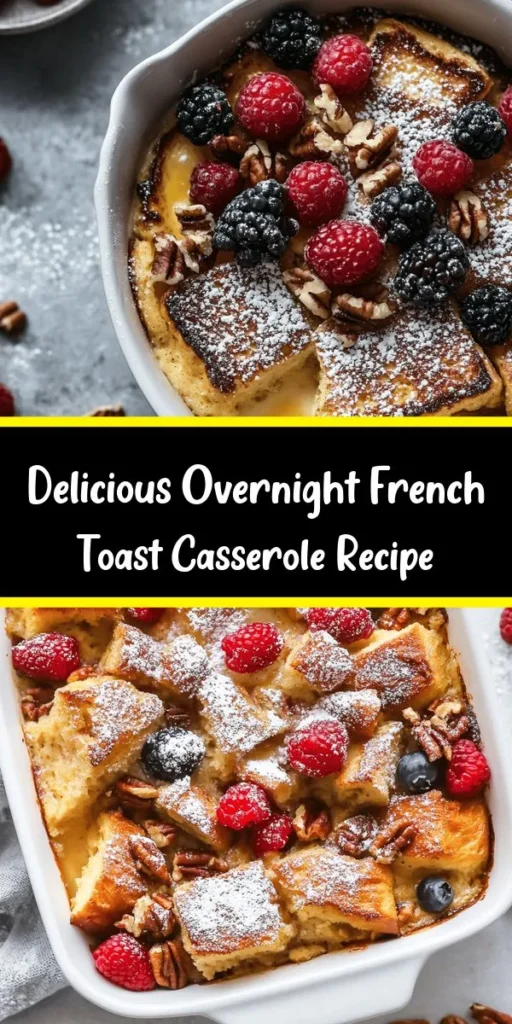 Start your mornings off right with this delicious Overnight French Toast Casserole! This easy recipe uses fluffy brioche bread, soaked in a creamy custard of eggs, milk, and warming spices. Prep the night before for a hassle-free breakfast that bakes to golden perfection in the morning. Top with maple syrup, fresh berries, and a dusting of powdered sugar for a delightful treat everyone will love. Perfect for brunch or a cozy family breakfast!