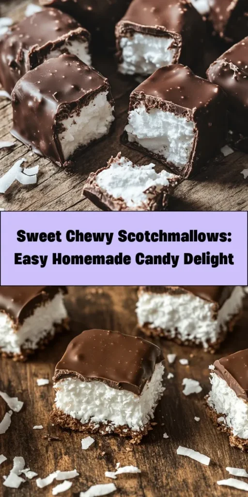 Indulge in the delightful sweetness of homemade Scotchmallows! This easy recipe combines a chewy marshmallow base with a rich chocolate coating and a touch of coconut for added texture. Perfect for satisfying your sweet tooth, these treats are a fun and nostalgic twist on traditional candies. With only a few simple ingredients and easy steps, you can create 16 irresistible squares to share or savor all to yourself. Get ready to enjoy these chewy, chocolatey delights!
