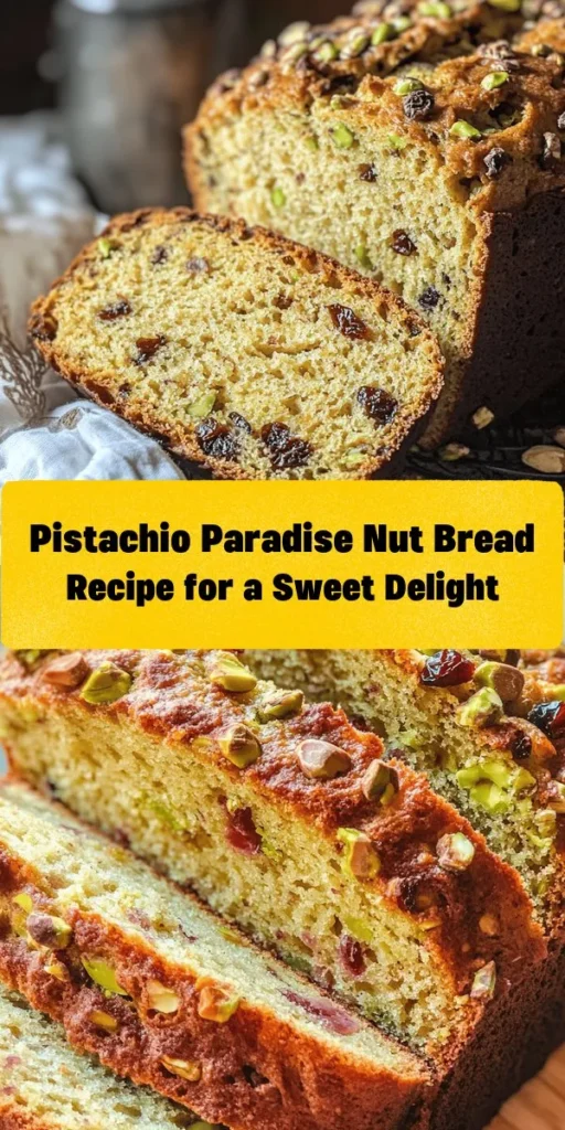 Indulge in the delightful flavors of Pistachio Paradise Nut Bread! This easy-to-make recipe combines crunchy pistachios, hints of cardamom, and optional bursts of dried cranberries or chocolate chips for the perfect treat any time of day. With just a few simple ingredients and steps, you can create a moist, aromatic loaf that pairs beautifully with butter or cream cheese. Great for brunch or as a sweet snack! Enjoy a slice of paradise today!