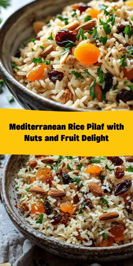 Experience a taste of the Mediterranean with this delightful Rice Pilaf with Nuts and Dried Fruit. Perfectly fluffy basmati rice is simmered in vegetable broth and infused with warm spices like cumin and cinnamon. Mixed with toasted almonds, walnuts, and vibrant dried fruits, this dish is a beautiful blend of flavors and textures. Easy to prepare and ready in just 40 minutes, it makes a fantastic side dish or light main course. Enjoy the healthy goodness and aromatic richness in every bite!