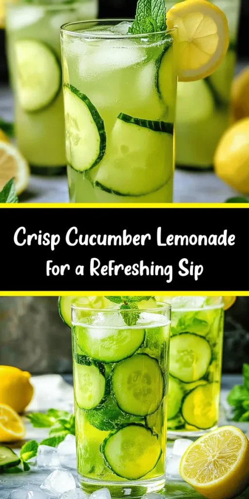 Beat the heat with this refreshing cucumber lemonade, perfect for hot summer days! Made with fresh cucumber, zesty lemon juice, and a hint of mint, this drink is as tasty as it is thirst-quenching. Blend the ingredients, chill, and serve over ice for a delightful treat. It's easy to customize with sugar to suit your taste. Garnish with lemon slices and mint for a beautiful presentation. Enjoy this simple recipe that yields 4-6 servings!
