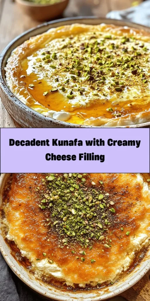 Indulge in the delightful fusion of sweet and savory with this Kunafa Bliss! This comforting dessert features layers of crispy kunafa pastry, a creamy cheese filling made with ricotta and mozzarella, all topped with a drizzle of honey or syrup. Perfect for sharing with friends and family, it’s a treat that’s sure to impress. Ready in just an hour, this recipe yields 8 servings of pure bliss. Don't forget to sprinkle some crushed pistachios on top for that perfect crunch!