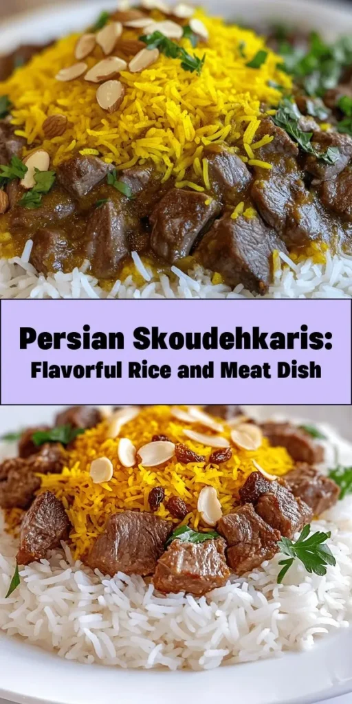 Discover the rich flavors of Skoudehkaris, a Persian rice and meat delight that will transport your taste buds! This delicious one-pot meal combines tender lamb or beef with aromatic basmati rice, simmered with spices like turmeric and cinnamon. Topped with optional raisins and slivered almonds, it's perfect for any occasion. Serve it garnished with fresh herbs alongside yogurt or salad for a delightful meal. Get ready to impress your family and friends with this hearty dish!