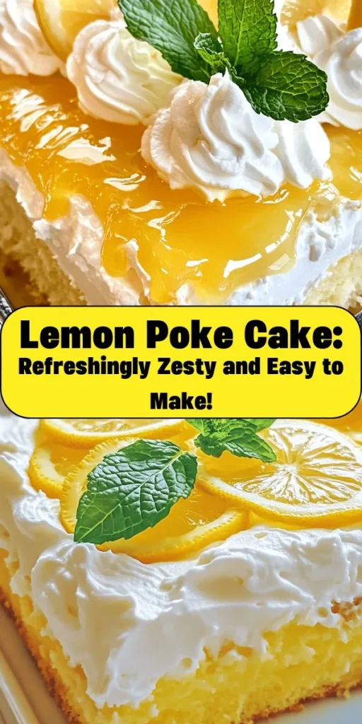 Experience a burst of brightness with this Zesty Lemon Poke Cake! Perfect for any occasion, this refreshing dessert features a moist yellow cake infused with tangy lemon gelatin, topped with a creamy layer of sweetened condensed milk and whipped topping. It's an easy recipe that comes together quickly, making it a delightful treat that your friends and family will love. Garnish with lemon slices and mint for an extra touch!