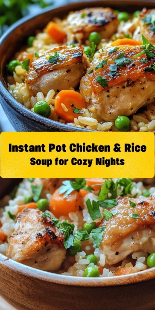Warm up with this cozy Instant Pot Chicken & Rice Soup! Perfect for chilly days, this easy recipe combines tender chicken thighs, aromatic vegetables, and fluffy rice in a flavorful broth. The addition of peas and a splash of lemon juice adds brightness, while fresh parsley provides a lovely garnish. Ready in just 40 minutes, this soup serves 6 and is sure to be a family favorite. Enjoy the ultimate comfort food with minimal effort!