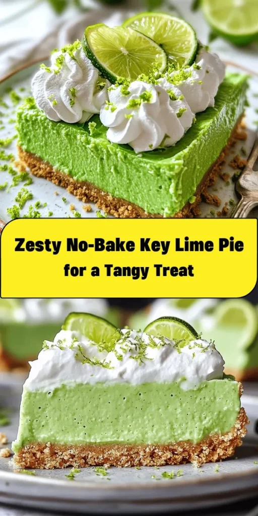 Indulge in a refreshing slice of Zesty No Bake Key Lime Pie! This easy recipe features a crunchy graham cracker crust filled with a creamy blend of cream cheese, sweetened condensed milk, and fresh key lime juice. Perfect for warm days, this dessert requires no baking, just chill time! Top with whipped cream and lime slices for an irresistible finish. Gather your ingredients and treat yourself to this deliciously tangy treat!