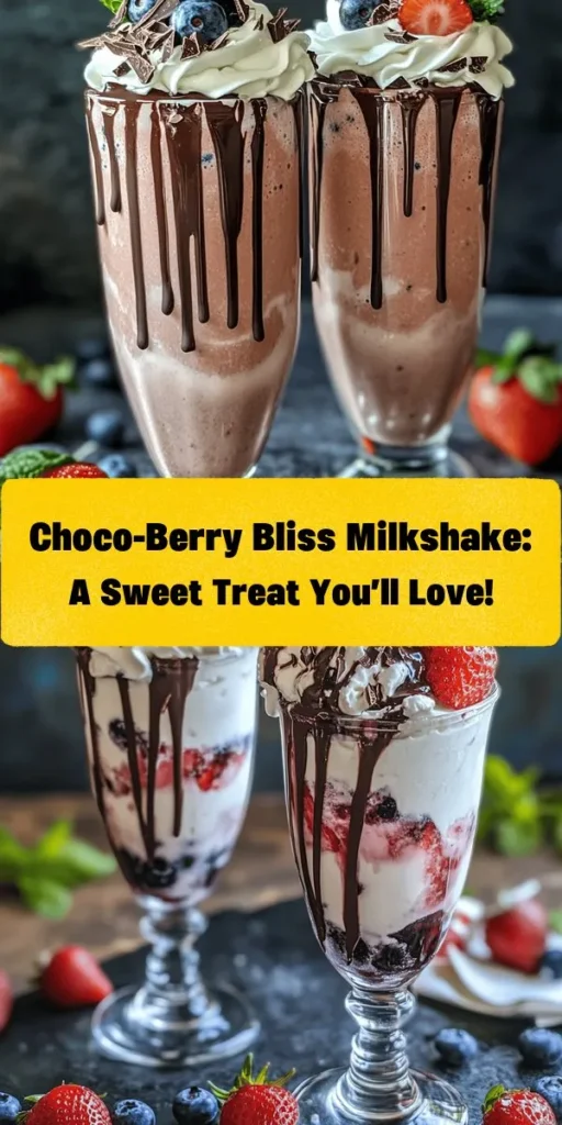 Get ready to indulge in a deliciously creamy Choco-Berry Bliss Milkshake! This delightful treat blends vanilla ice cream, fresh strawberries, and blueberries with rich chocolate syrup for an irresistible flavor combination. Ready in just 10 minutes, it’s perfect for cooling down on a warm day or satisfying your chocolate cravings. Top it with whipped cream, chocolate shavings, and fresh mint for a gorgeous finish. Dive into this dreamy milkshake and enjoy every sip!
