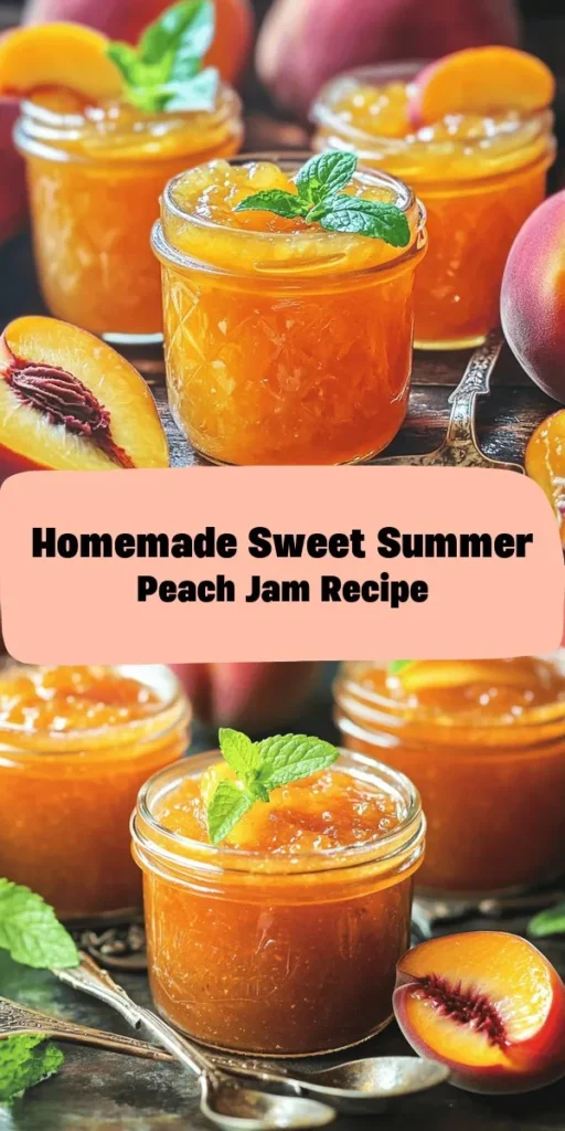 Capture the essence of summer with this delightful Sweet Summer Peach Jam! Made with just a handful of ingredients, including ripe peaches, sugar, lemon juice, and a hint of cinnamon, this homemade jam is bursting with flavor. Perfect for spreading on toast, drizzling over pancakes, or topping desserts, it's a simple treat that makes six half-pint jars. Enjoy the taste of fresh peaches all year long! Get your jars ready and savor every spoonful.