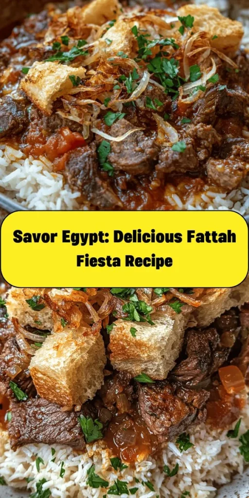 Experience a delicious slice of Egypt with this Fattah Fiesta recipe! This hearty dish combines tender beef or lamb, aromatic spices, and crispy bread for a meal that's full of flavor. Layer the crispy torn bread with fragrant basmati rice, succulent meat, and a tangy sauce for a satisfying dinner. Perfect for sharing with family and friends, serve it hot and enjoy the layers of delightful tastes. Dive into this culinary adventure today!