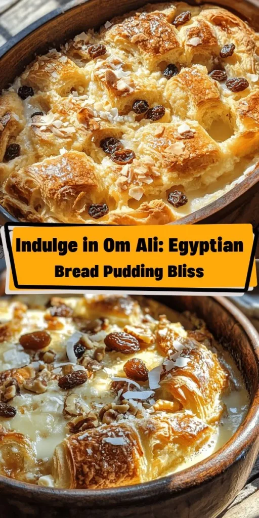 Indulge in the rich flavors of Om Ali Delight, an Egyptian bread pudding that's perfect for sharing! Made with torn croissants or puff pastry, creamy milk, sugar, and a blend of sweet spices, this dessert is bursting with nuts, dried fruits, and optional coconut. Simply bake until golden brown for a warm, comforting treat. Serve it drizzled with honey or topped with ice cream for an extra special touch. A delicious way to enjoy leftovers in a new way!