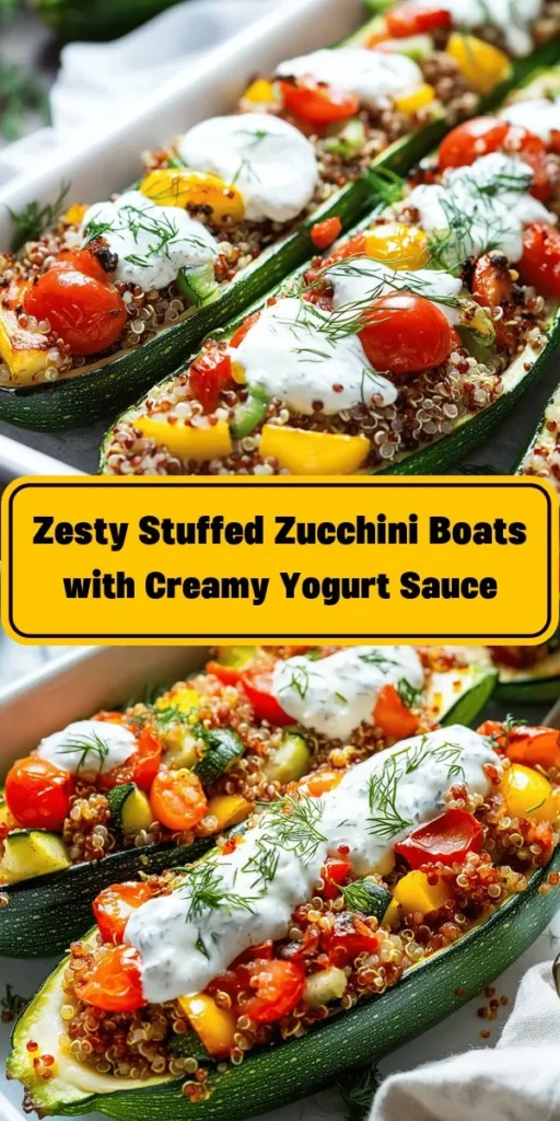 Looking for a delicious and healthy dish? Try these Zesty Stuffed Zucchini Boats drizzled with a creamy yogurt sauce! Filled with a savory blend of quinoa, fresh veggies, and Italian seasoning, these boats are both nutritious and satisfying. Baked to perfection and topped with melted mozzarella cheese, they're perfect for any meal. Don't forget to add the refreshing yogurt sauce for that extra zing. Easy to make and full of flavor, this recipe is a must-try!