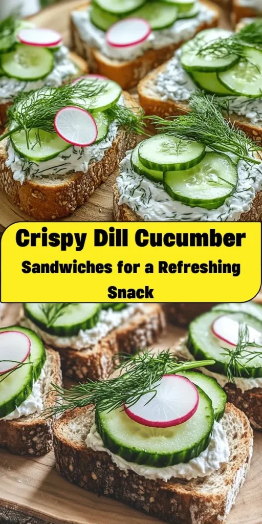 Try these refreshing Dill Cucumber Sandwiches for your next gathering or lunch! With creamy dill-infused spread, crunchy cucumbers, and hearty whole grain or sourdough bread, they’re the perfect bite-sized snack. Easy to make and packed with flavor, just mix the cream cheese with dill, lemon juice, and spices, layer it on bread with fresh cucumbers, chill, then slice and serve. A delightful treat everyone will love!