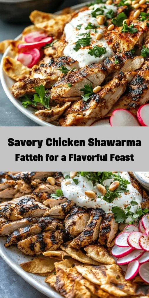 Indulge in this delicious Chicken Shawarma Fatteh that combines marinated grilled chicken, crispy pita chips, and a creamy yogurt-tahini sauce. Perfect for a hearty lunch or a comforting dinner, this dish is a delightful medley of flavors and textures topped with fresh parsley and toasted pine nuts. With easy steps from marinating to assembly, you’ll have a satisfying meal in no time. Ideal for sharing with family or friends!