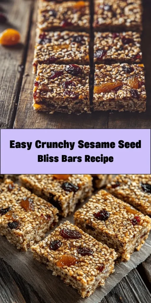 Satisfy your sweet cravings with these Crunchy Sesame Seed Bliss Bars! Packed with nutritious sesame seeds, nut butter, and a touch of honey or maple syrup, these bars are both delicious and healthy. They're perfect for a quick snack or a dessert treat. Easy to make and customizable with your favorite nuts and dried fruits, these bliss bars will become a go-to in your kitchen. Ready in just over 2 hours, enjoy a tasty, guilt-free indulgence!