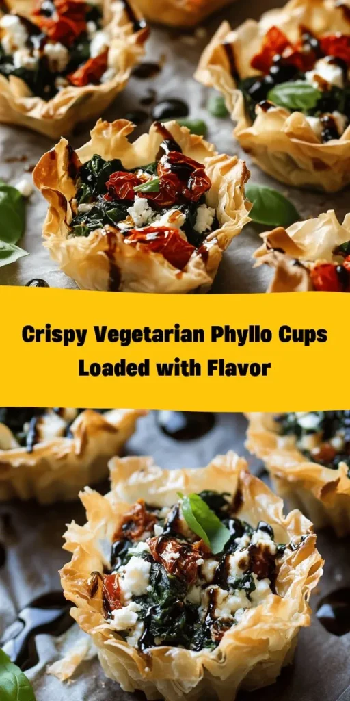 Delight your taste buds with these crispy vegetarian phyllo cups filled with a delicious blend of ricotta, sautéed spinach, feta, sun-dried tomatoes, and fresh basil. Perfect as an appetizer or snack for your next gathering, these bite-sized treats are easy to make and bursting with flavor. Just layer the phyllo, fill with the savory mixture, and bake until golden. Drizzle with balsamic glaze for an extra touch. Enjoy them warm or at room temperature!