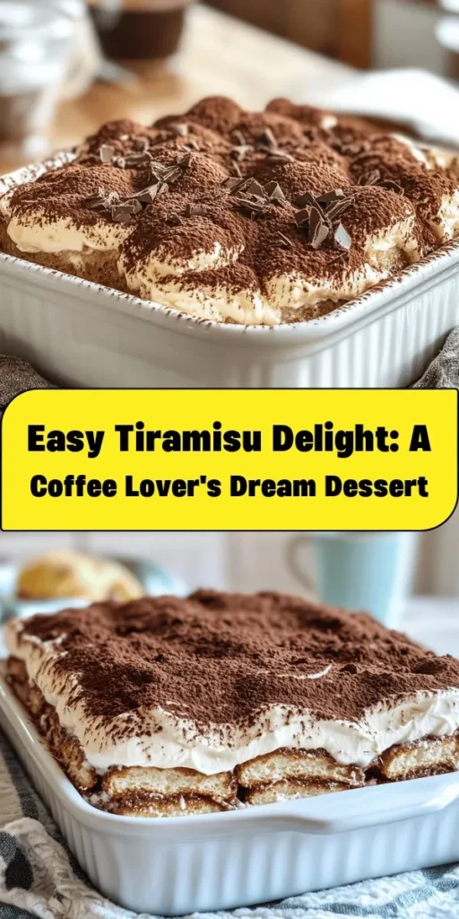 Indulge in a creamy, coffee-infused treat with this Tiramisu Delight recipe! Made with layers of coffee-dipped ladyfingers and a rich mascarpone cream, this easy dessert is perfect for any occasion. Just whip up your ingredients, chill for a few hours, and you’ll have a decadent dish that’s sure to impress. Top it off with cocoa powder and chocolate shavings for a beautiful finish. Your taste buds will thank you!