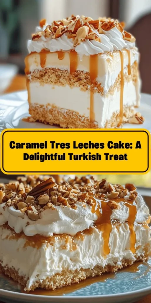 Indulge your senses with this Caramel Tres Leches Delight! This rich and moist cake features a delectable tres leches mixture soaked into a light sponge, topped with luscious caramel sauce and whipped cream. Perfect for special occasions or a sweet treat any day, this recipe is simple yet impressive. With layers of flavor and texture, it's sure to be a crowd-pleaser. Try it and experience the creamy sweetness for yourself!