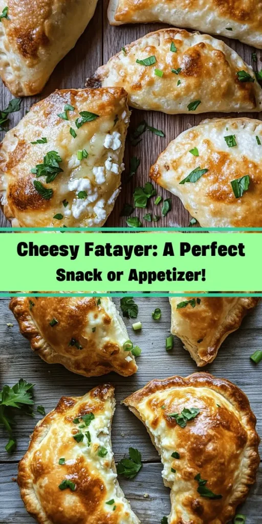 Indulge in these Cheesy Delight Fatayer, a delicious pastry filled with a melty mix of mozzarella, feta, and ricotta cheese. Perfect for any occasion, these savory treats feature a homemade dough that puffs to golden perfection. Easy to make, with a prep time of just 30 minutes, they are a delightful addition to your appetizer spread or a satisfying snack. Bake a batch and enjoy warm, or save some for later!