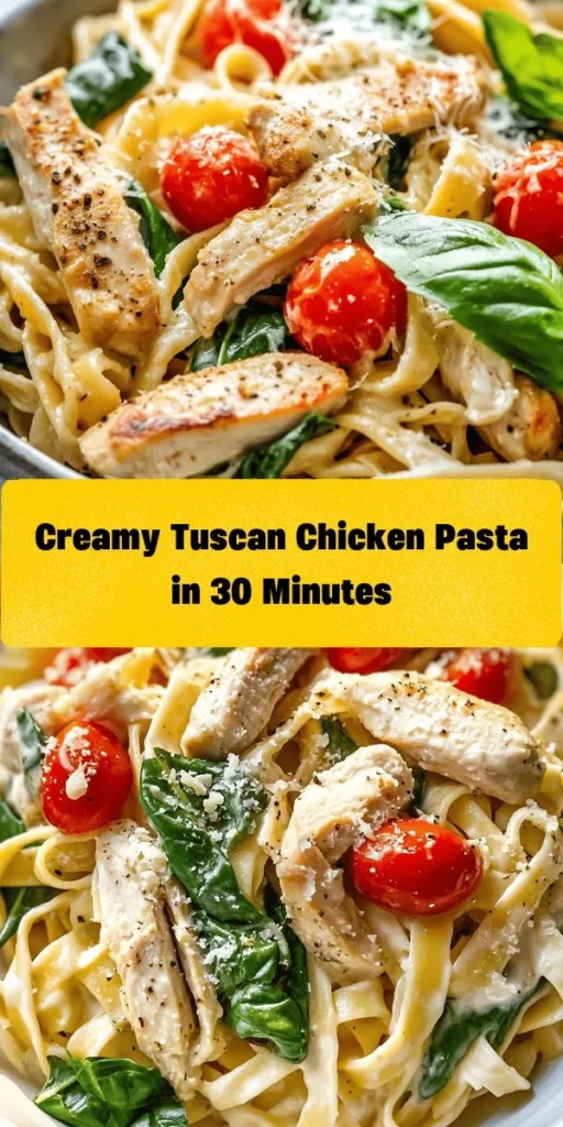 Indulge in this creamy Tuscan Chicken Pasta that's ready in just 30 minutes! Perfect for weeknight dinners, this dish features tender chicken breasts cooked to perfection and tossed with fettuccine or penne, fresh cherry tomatoes, and spinach in a rich Parmesan cream sauce. With a hint of garlic and Italian seasoning, every bite is bursting with flavor. Garnish with fresh basil for that extra touch. Your family will love it!