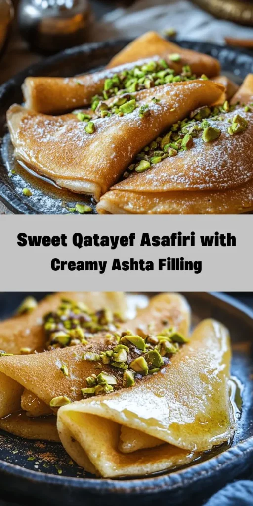 Indulge in the delightful taste of Qatayef Asafiri with Ashta, a Middle Eastern treat that's perfect for any occasion. This recipe includes fluffy pancakes filled with rich, creamy Ashta, all drizzled with homemade sugar syrup. Made with simple ingredients like flour, milk, and rose water, these sweet bites are garnished with crunchy pistachios and fragrant cinnamon. Perfect for sharing or enjoying on your own! Try this delicious dessert today!