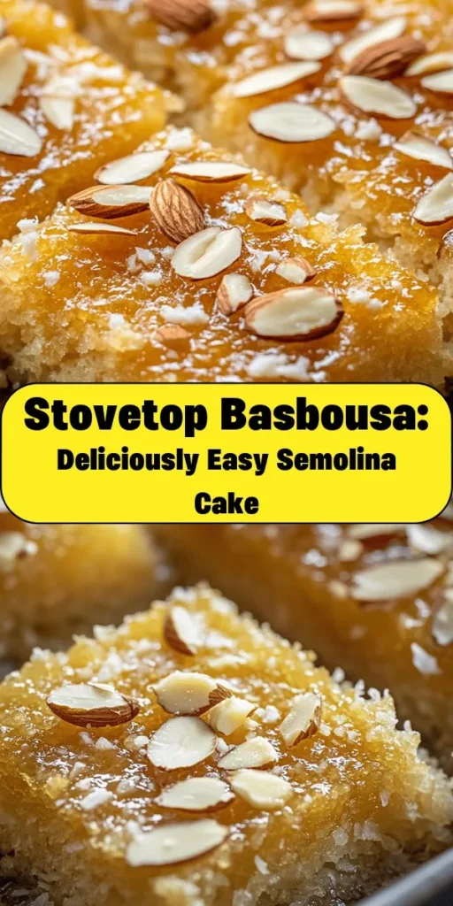 Discover the delightful taste of Heavenly Stovetop Basbousa, a delicious semolina cake that's simple to make! This easy recipe combines semolina, yogurt, and sugar, cooked to golden perfection on the stovetop. Topped with a sweet syrup enriched with lemon and optional rose water, it’s a treat you won't forget. Perfect for gatherings or a cozy dessert at home, serve with slivered almonds for that extra flair! Enjoy a slice of heaven today!