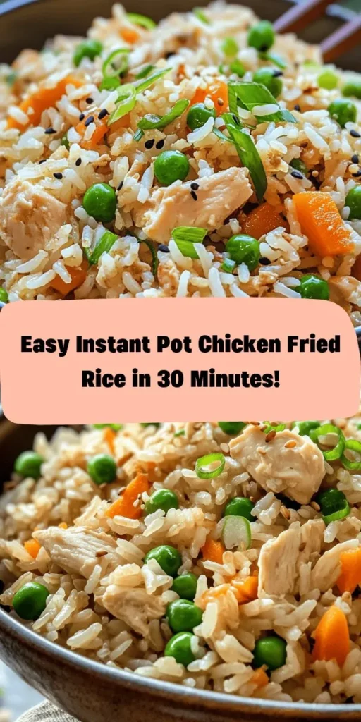 Whip up a delicious batch of Instant Pot Chicken Fried Rice in just 30 minutes! This easy recipe features tender diced chicken, colorful peas and carrots, and fluffy jasmine rice, all infused with garlic, ginger, and a splash of soy sauce. Perfect for a quick weeknight dinner or meal prep, each bite is packed with flavor and ready to impress! Don't forget to garnish with sesame seeds and fresh green onions for that extra touch. Enjoy!