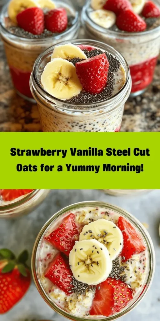 Start your day off right with this delicious Strawberry Vanilla Overnight Steel Cut Oats recipe! Made with wholesome steel cut oats, creamy almond milk, and sweet fresh strawberries, this easy-to-make breakfast is perfect for busy mornings. Just mix your ingredients, let them soak overnight, and wake up to a nutritious and satisfying meal. Customize it with your favorite toppings like bananas, chia seeds, or nuts for added flavor and texture. Ready in just minutes with no cooking required!