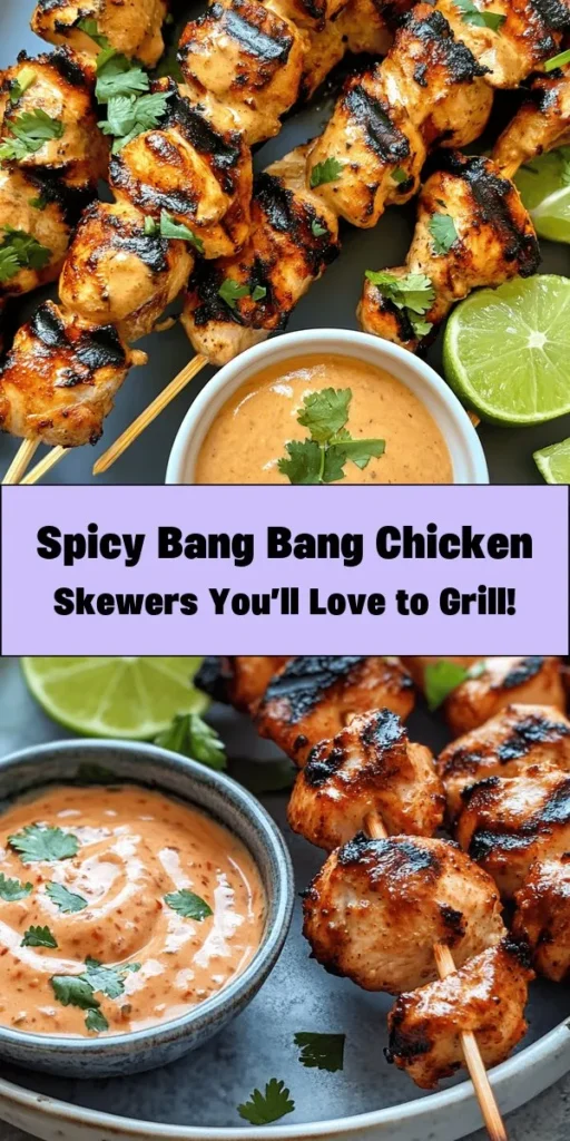Get ready to spice up your dinner with these delicious Bang Bang Chicken Skewers! Bursting with flavor, this easy recipe features marinated chicken grilled to perfection, accompanied by a creamy, sweet, and spicy sauce that will have you coming back for more. Perfect for summer barbecues or a quick weeknight meal, these skewers are sure to impress. Serve them with fresh cilantro and lime for an extra kick. Enjoy a mouthwatering experience with every bite!