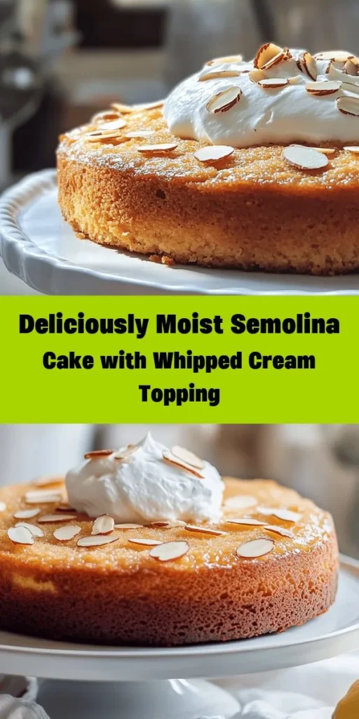 Indulge in the bliss of this Heavenly Semolina Cake with Cream! Easy to make and bursting with flavor, this delightful dessert features a moist semolina base soaked in a sweet lemon-infused syrup, topped with luscious whipped cream. Perfect for any occasion, it's sure to impress your guests. Simply blend semolina, yogurt, and butter, bake, and finish with a touch of almonds and homemade syrup. Enjoy every bite!