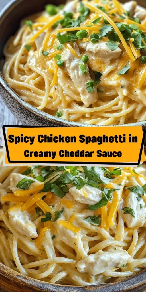 Looking for a comforting and flavorful meal? Try this Spicy Chicken Spaghetti Delight! Packed with tender chicken, a hint of spice from Rotel tomatoes, and creamy goodness from cream cheese, this dish is sure to please. With a quick prep time of just 15 minutes and a total cook time of 30 minutes, it’s perfect for busy weeknights. Serve it up with a sprinkle of melted cheddar cheese and fresh herbs for a delicious twist on traditional pasta. Enjoy!