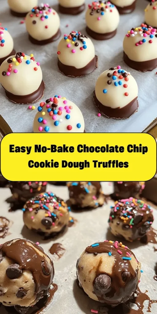 Indulge in the ultimate sweet treat with these no-bake chocolate chip cookie dough truffles! Made with heat-treated flour, creamy butter, and packed with mini chocolate chips, these delightful bites are covered in smooth melted chocolate and can be decorated with sprinkles or cocoa powder. Perfect for any occasion, they require minimal prep time and provide a deliciously rich dessert. Roll them up and enjoy a tasty treat that's sure to impress!