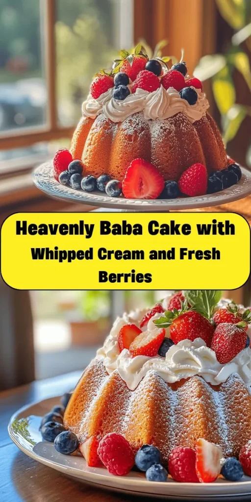 Indulge in the sweet and fluffy Baba Cake Delight! This easy recipe features a moist bundt cake made with flour, sugar, butter, and eggs, perfectly paired with whipped cream and fresh fruits like strawberries, raspberries, or blueberries. It's a delightful treat that's simple to make, taking just 20 minutes to prep and an hour total. Ideal for gatherings or a sweet snack, this alcohol-free cake is sure to impress! Enjoy every bite!