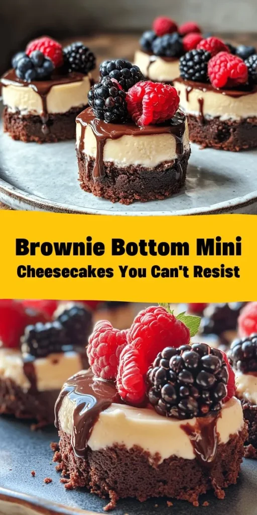 Indulge in these delicious Brownie Bottom Mini Cheesecakes that combine the rich taste of brownie with creamy cheesecake goodness. Perfect for parties or a sweet treat at home, this recipe features a fudgy brownie base topped with a smooth cheesecake filling. Personalize them with fresh berries, whipped cream, or decadent sauces. Easy to make and irresistibly tasty, they're sure to impress at any gathering! Get ready to satisfy your sweet cravings!